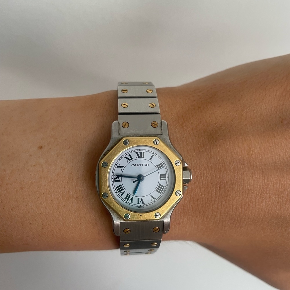 🔥CARTIER Womens Santos Octagon Two Tone Watch silver gold